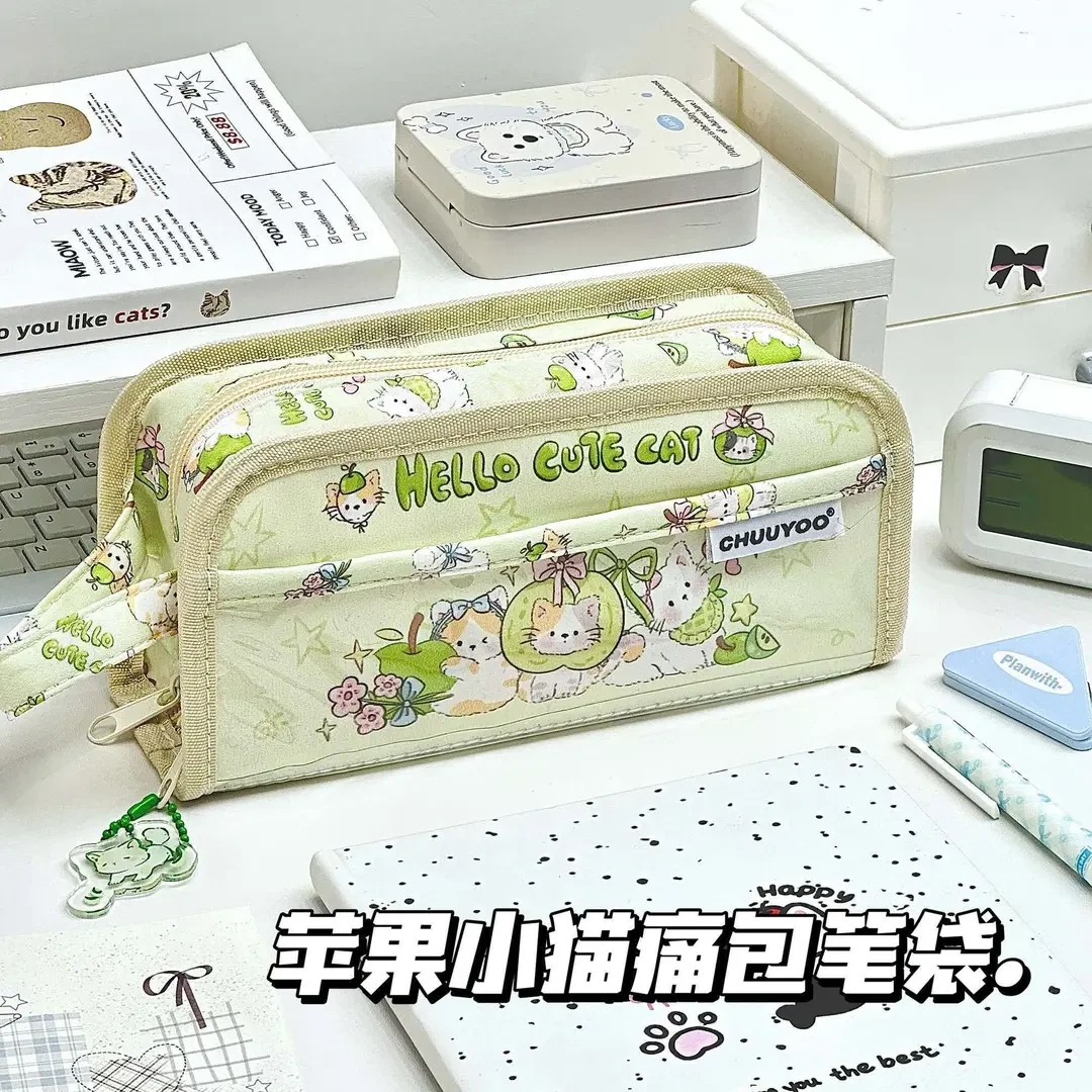 青苹果猫猫多层痛包立体可爱学生高颜值印花笔袋多层文具收纳X