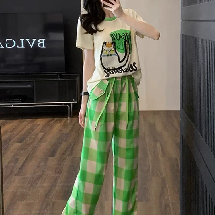 港风休闲运动套装女夏洋气减龄盐系印花短袖格子直筒裤两件套薄款