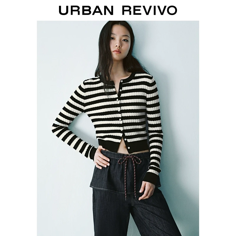 UR2025春季新品女装欧若风法式气质撞色条纹针织开衫UYY950012