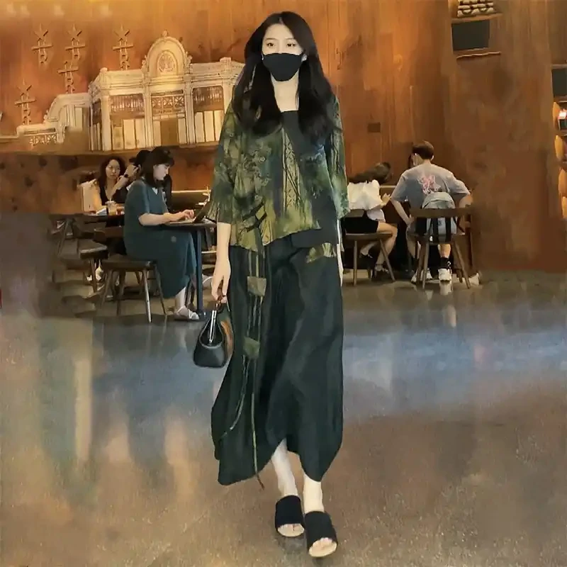 真丝香云纱连衣裙2025新款水墨印花宽松桑蚕丝上衣半身裙两件套装
