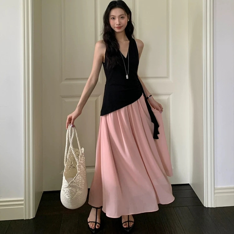 爱西里2025夏季纯欲风V领飘带拼接雪纺撞色假两件背心连衣裙A1177