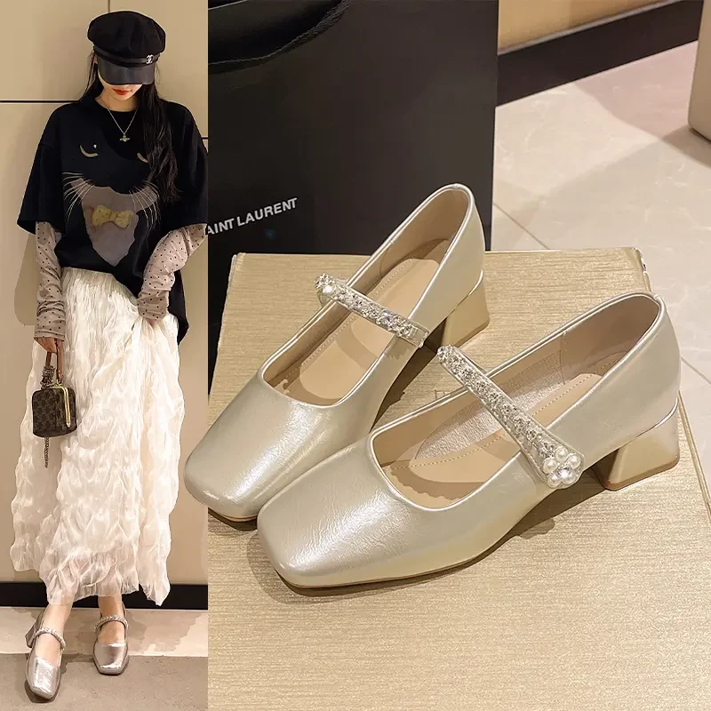 法式水钻粗跟玛丽珍鞋女2025新款仙女风配裙子气质方头低跟单鞋