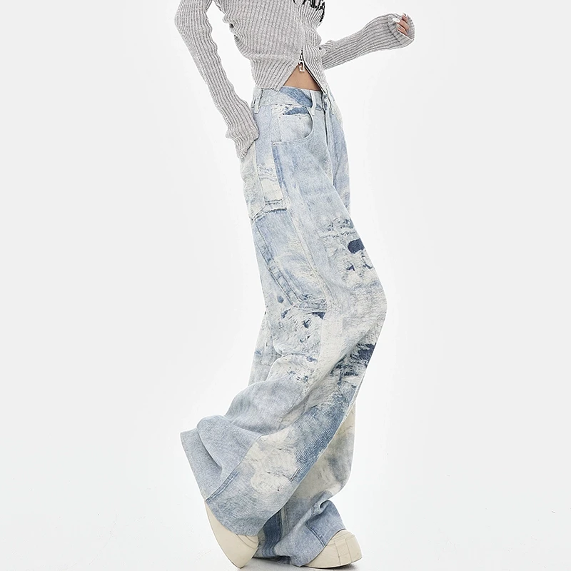 KEN STUDIO原创秋冬加绒美式高街水洗扎染设计感高腰阔腿牛仔裤女