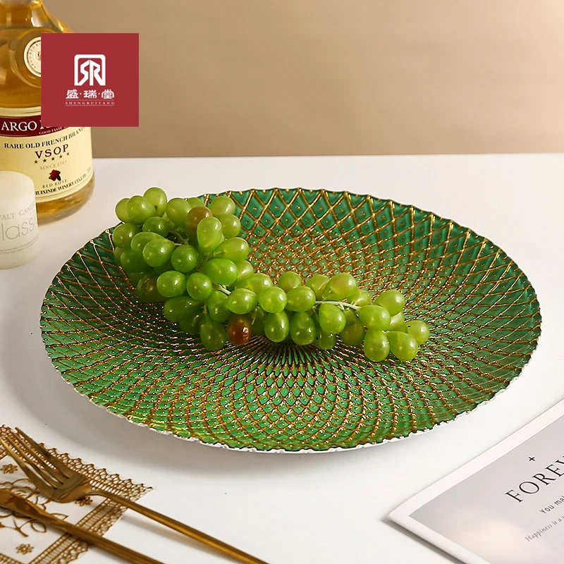 S大号水晶玻璃水果盘零食盘彩色菠萝盘客厅糖果盘圆形拼盘
