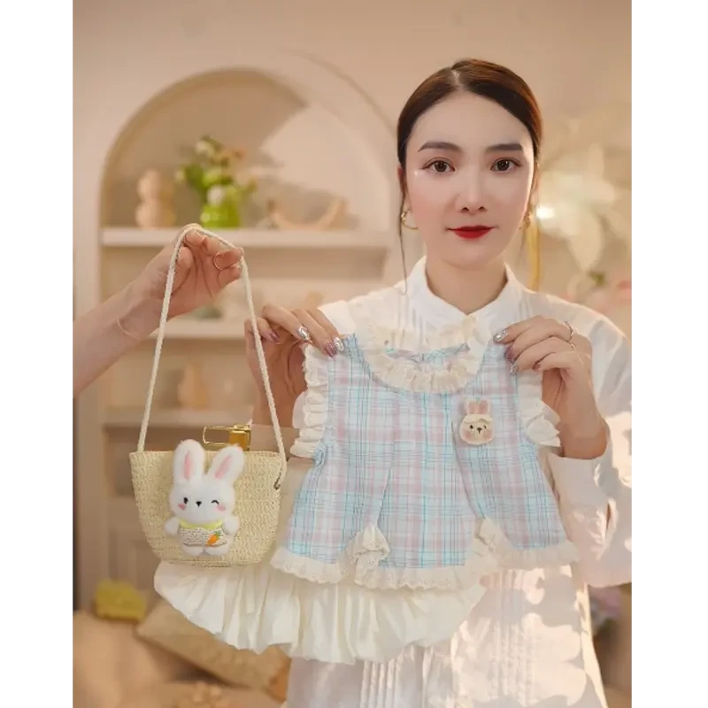 2025年夏季新款女童可爱法式蕾丝花边蓝色格子小兔花苞裤小童套装