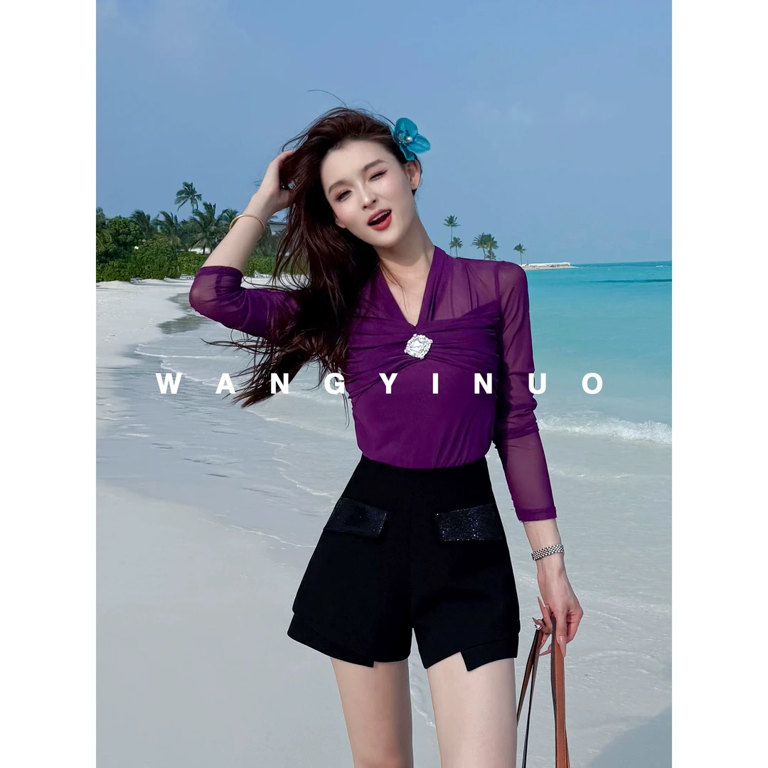 MD定制·依诺【美丽绽放】2025早春拼接透视V领长袖带钻衬衫上衣
