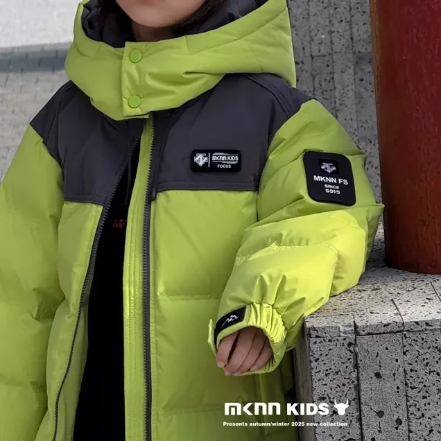 新款儿童拼接亮色连帽加厚保暖白鸭绒羽绒服外套