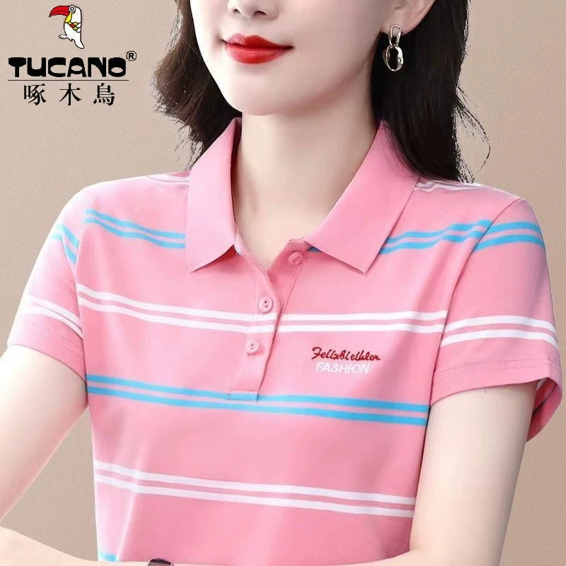 啄木鸟正品休闲洋气纯棉POLO衫夏季新款短袖t恤女百搭上衣设计感
