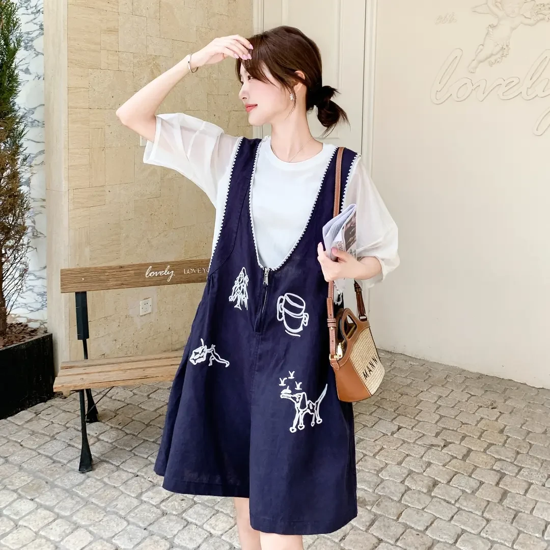 设计感刺绣背带裤套装女2025年夏季小个子韩系穿搭休闲减龄两件套