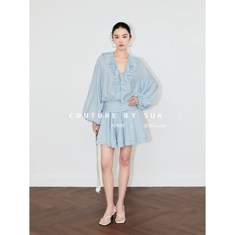 SUK【春光乍泄】夏新款法式连衣裙V领雪纺长袖荷叶边设计感SK5215