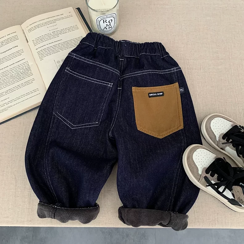 儿童长裤2025冬男童潮牌加绒牛仔裤宝宝小童帅气休闲一体绒直筒裤