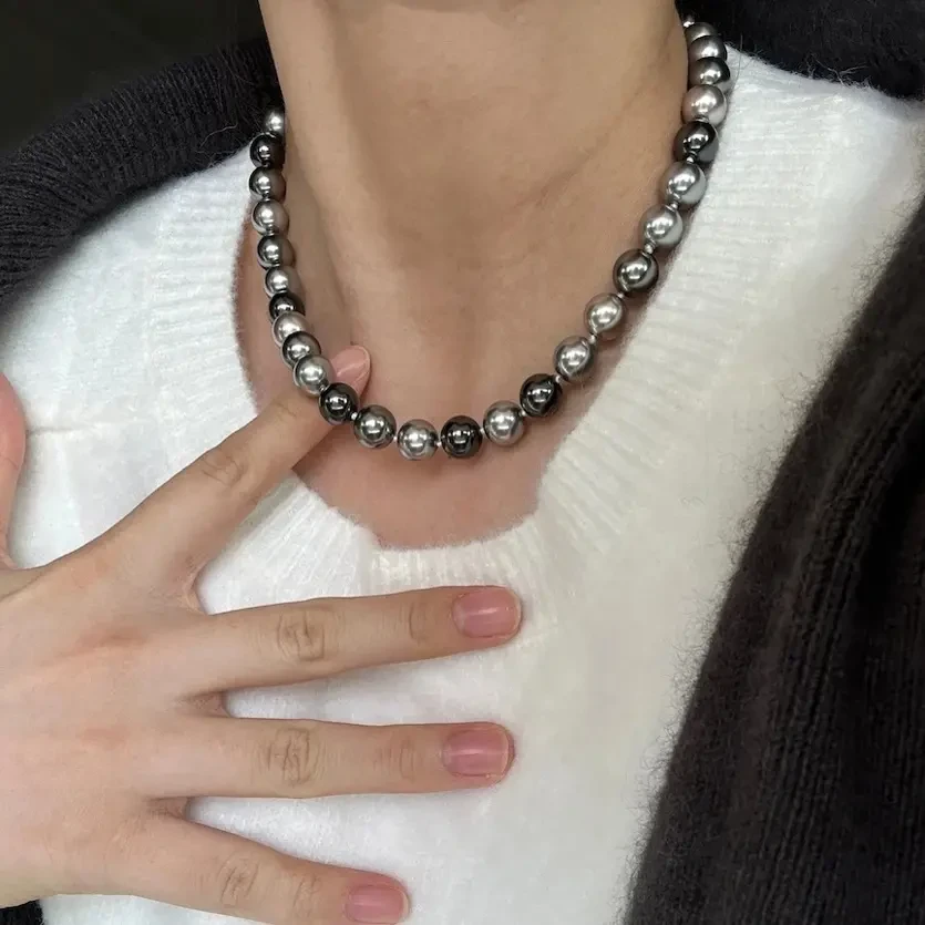 铜合金仿珍珠项链 正圆极强光大溪地色铂金灰黑串链 长度 45cm