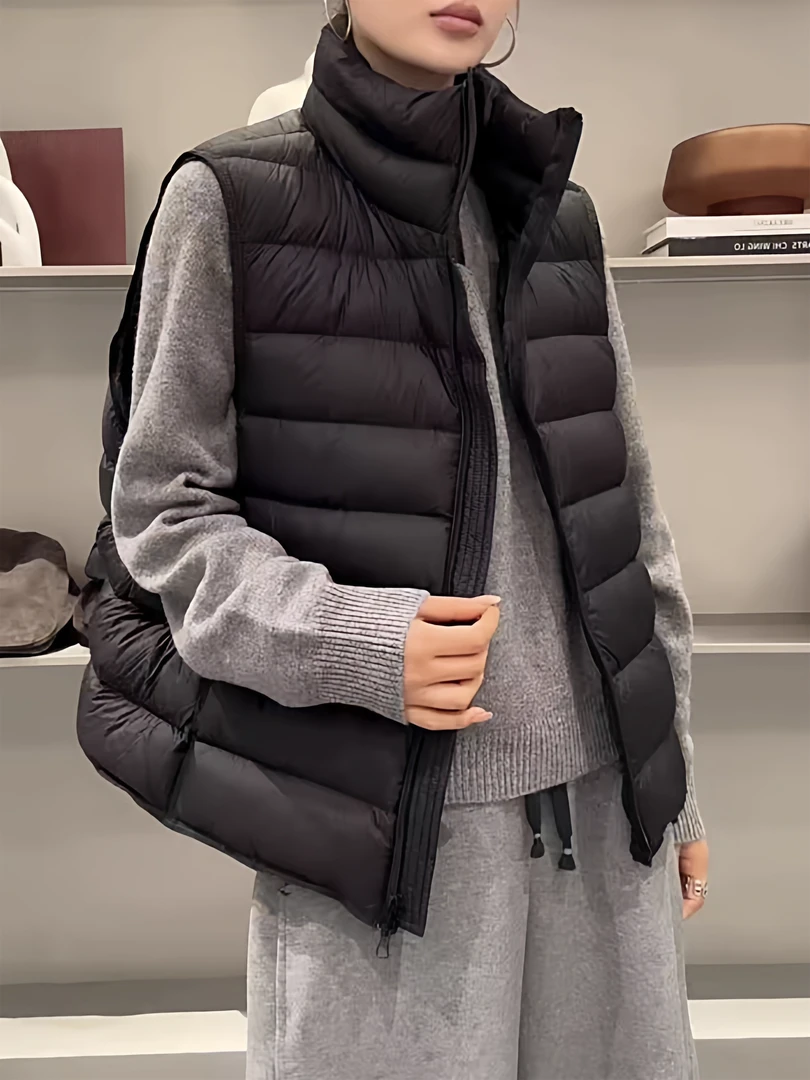 羽绒立领女白鸭绒冬季常规纯色简约宽松型无袖马夹马甲短款轻薄潮
