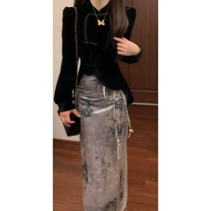 【芙蓉少女】新中式国风清冷感气质绝美上衣&高腰抽绳半裙套装7767