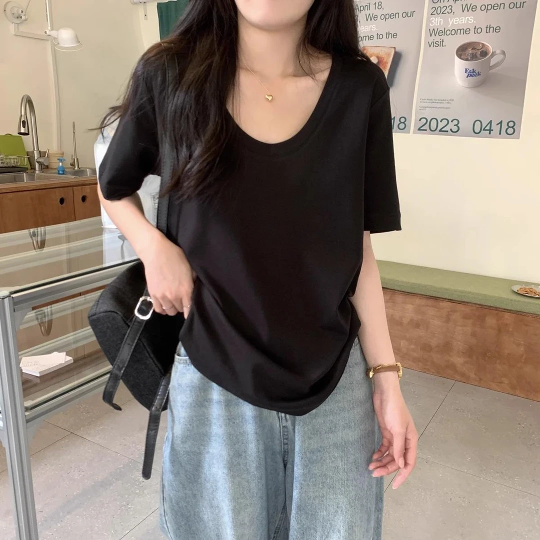 大圆领短袖t恤女夏季宽松显瘦遮肚子显气质洋气打底衫正肩上衣女t