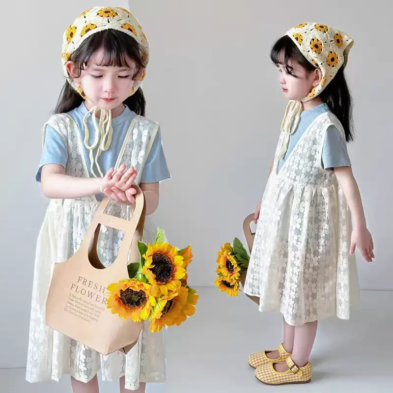 2025夏季新款百搭女童短袖T恤洋气甜美韩版白色花边蕾丝裙两件套