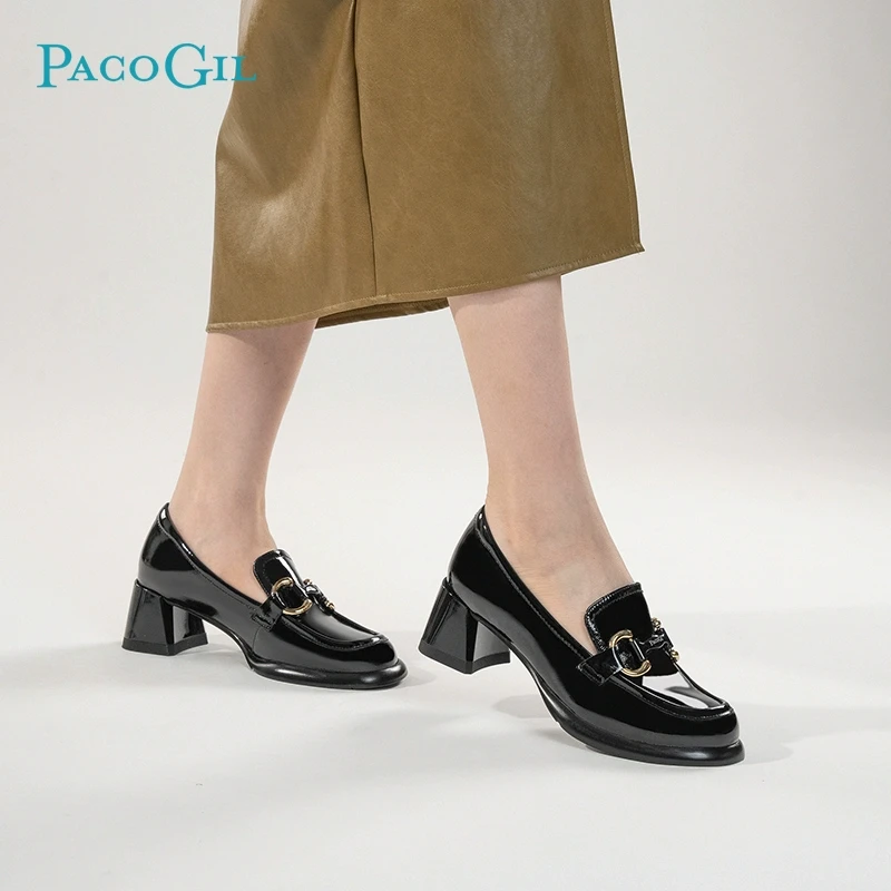 PACO GIL粗跟高跟职业单鞋女冬季加绒时尚乐福鞋女真皮XPC32254