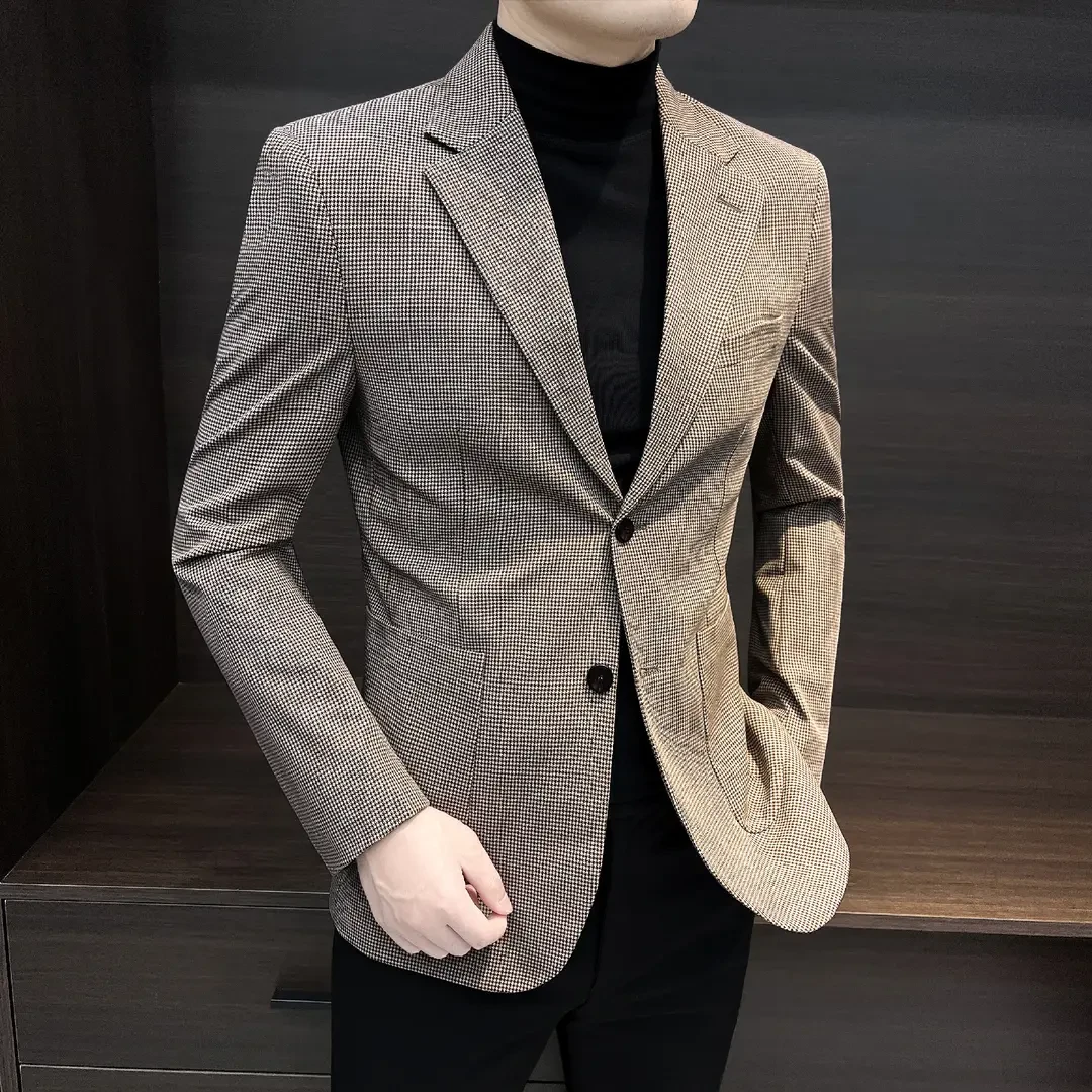 千鸟格西装外套男款爆款2025新款春秋痞帅高级感商务休闲男士西服