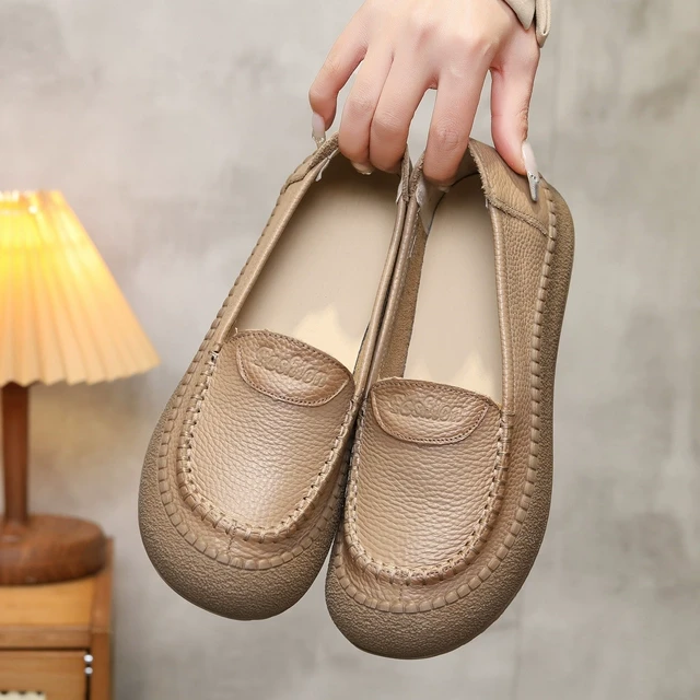 头层牛皮一脚蹬女单鞋舒适真皮妈妈鞋软底软面皮鞋平底女鞋豆豆鞋