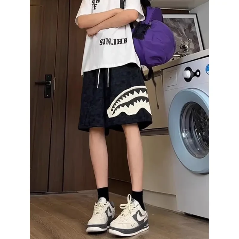 黑色鲨鱼嘴运动短裤男款夏季高街vibe直筒裤子宽松百搭沙滩五分裤