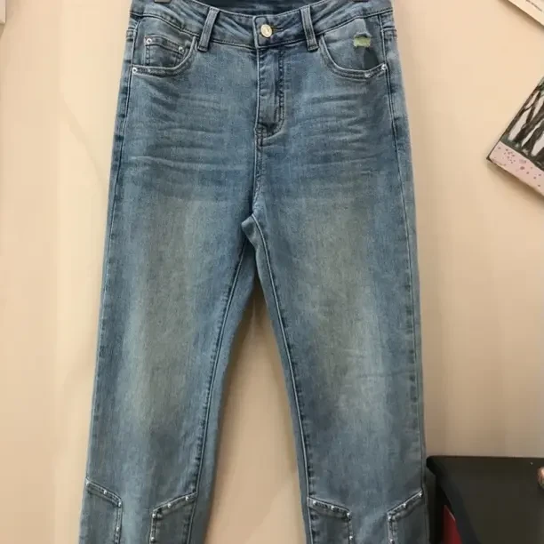 新款水洗牛仔裤高腰显瘦直筒九分裤女春秋时尚百搭