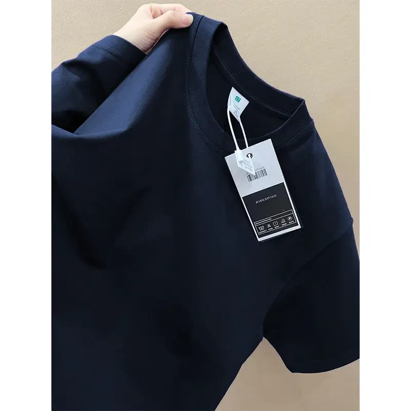 藏青色重磅新疆长绒棉T恤男夏季小领口螺纹短袖cleanfit正肩半袖