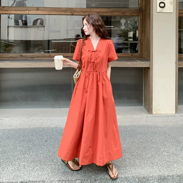 法式高端大气V领系带纯色连衣裙女夏季时尚气质减龄显瘦长裙子