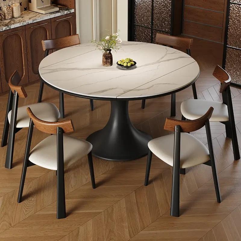 中古风可伸缩折叠岩板餐桌多功能家用小户型法式两用餐厅简约圆桌