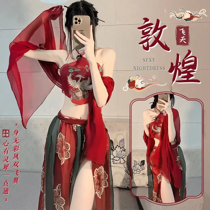 古风女印花成人薄款无袖性感V领睡裙国潮中国风宫廷动漫连体女装