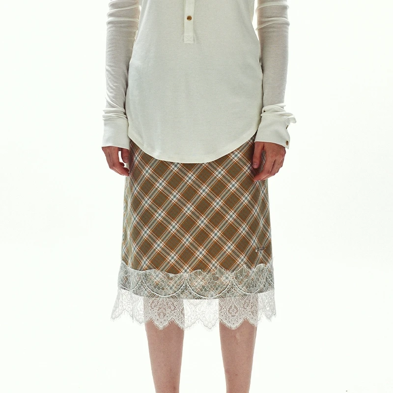 【REFOUND TEN】新品25春夏下摆拼接蕾丝格子直筒半身裙长裙