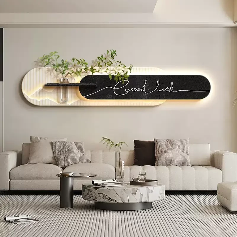 现代简约客厅装饰画高级感立体砂岩沙发背景墙挂画水培绿植壁灯画