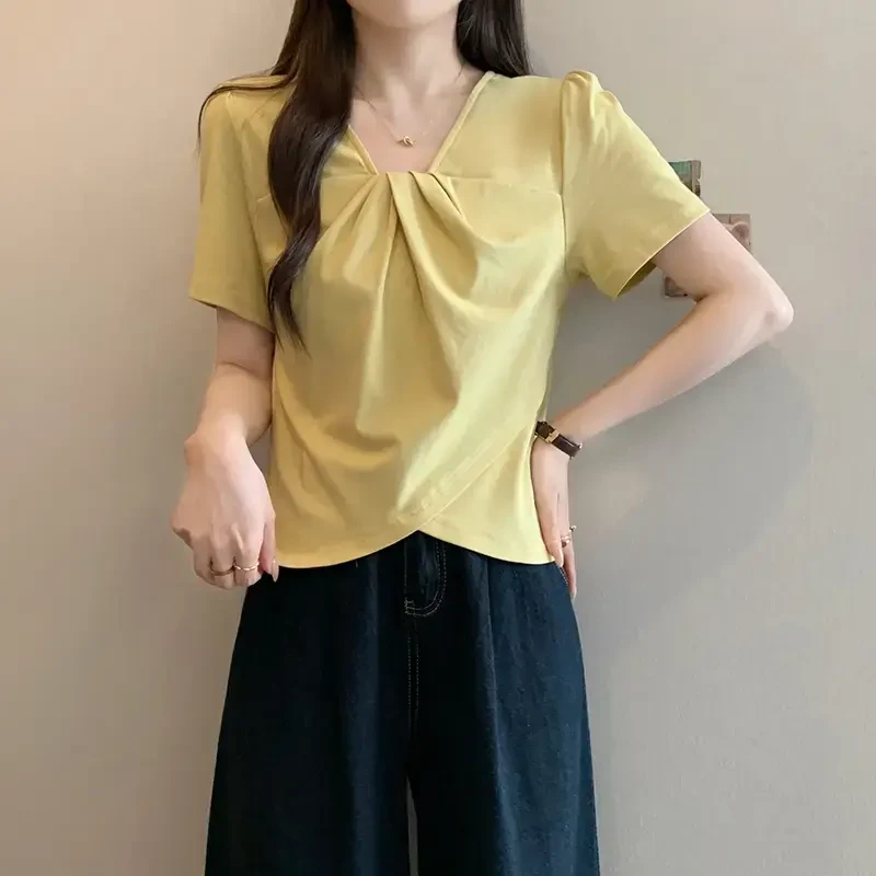 2025新款女时尚胖妹妹v领体恤轻奢高级感不规则正肩短袖T恤上衣