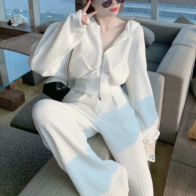 秋季新款连帽拉链薄款卫衣两件套休闲时尚跑步运动服白色套装女潮