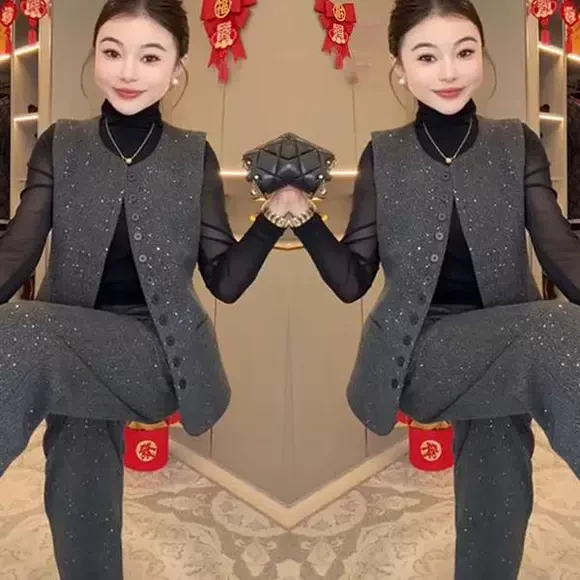 轻职风满天星时尚套装女2025春季新款砍袖单排扣马甲阔腿裤两件套