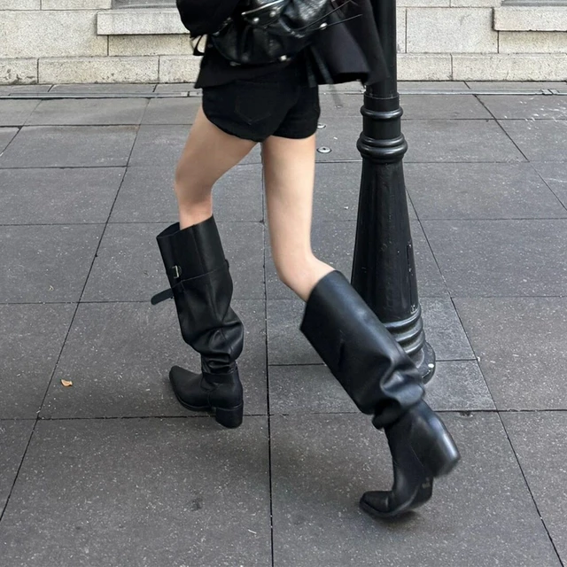 牛皮版~美拉德堆堆靴2025新款高跟长靴女秋冬黑色粗跟靴子长筒靴