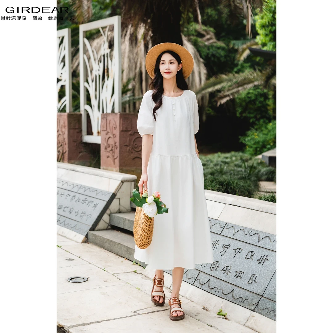 GIRDEAR/哥弟新款纯棉A字裙松弛感夏日穿搭简约百搭连衣裙150043