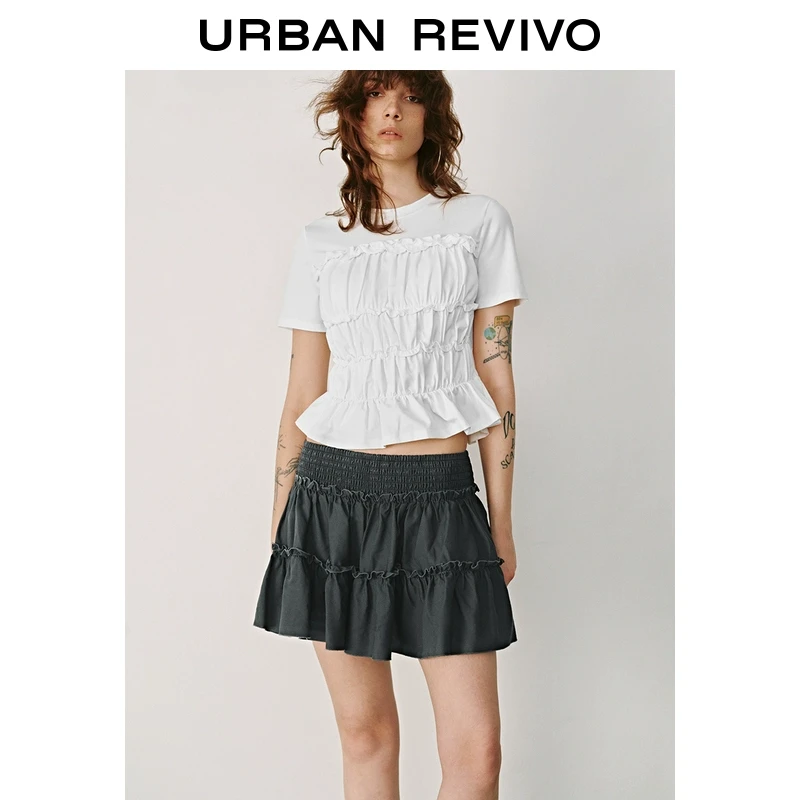 UR2025春季新品女装欧若风休闲层叠木耳边褶皱短袖T恤UYL450002