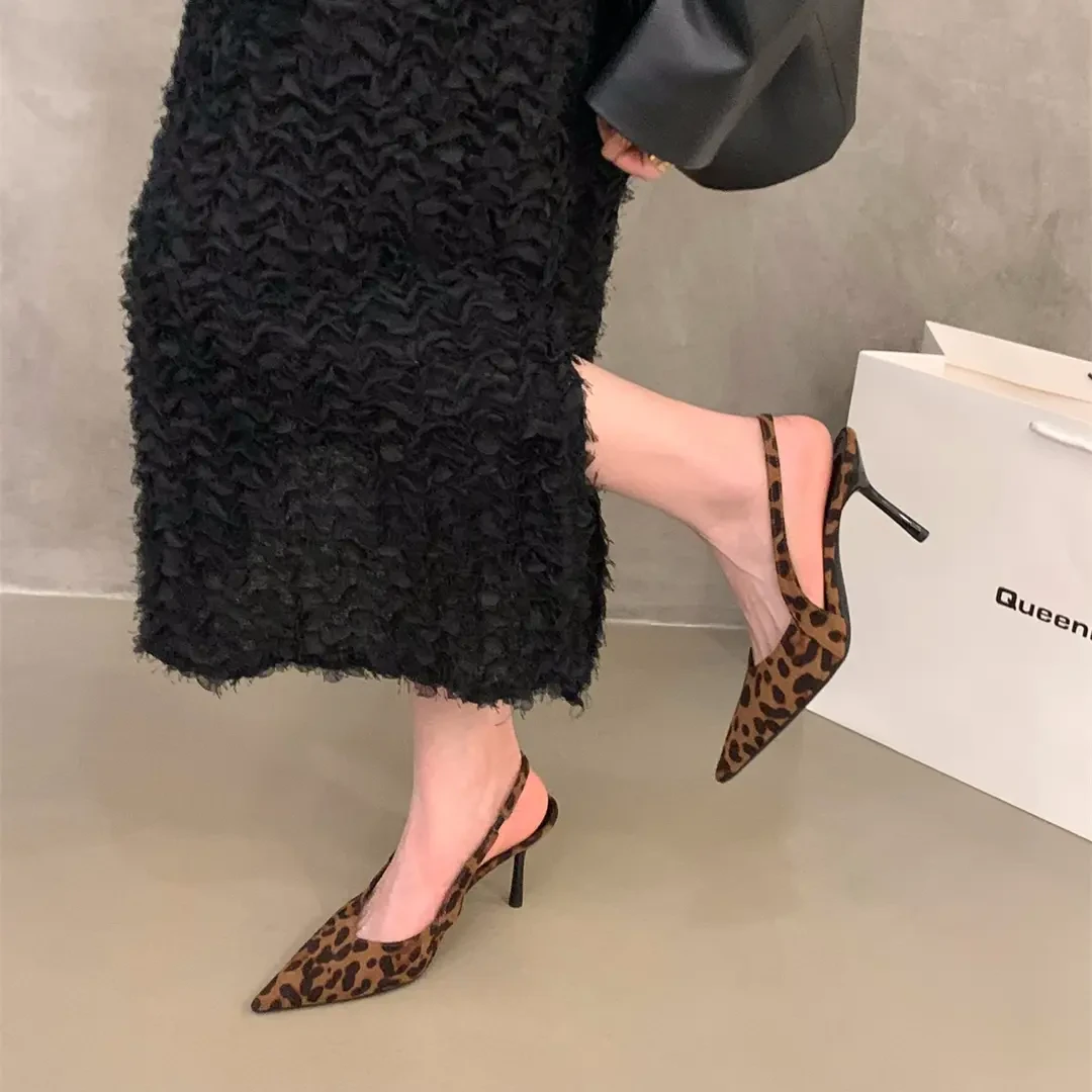绝美豹纹高跟鞋女尖头细跟单鞋2025春夏新款性感名媛气质宴会凉鞋