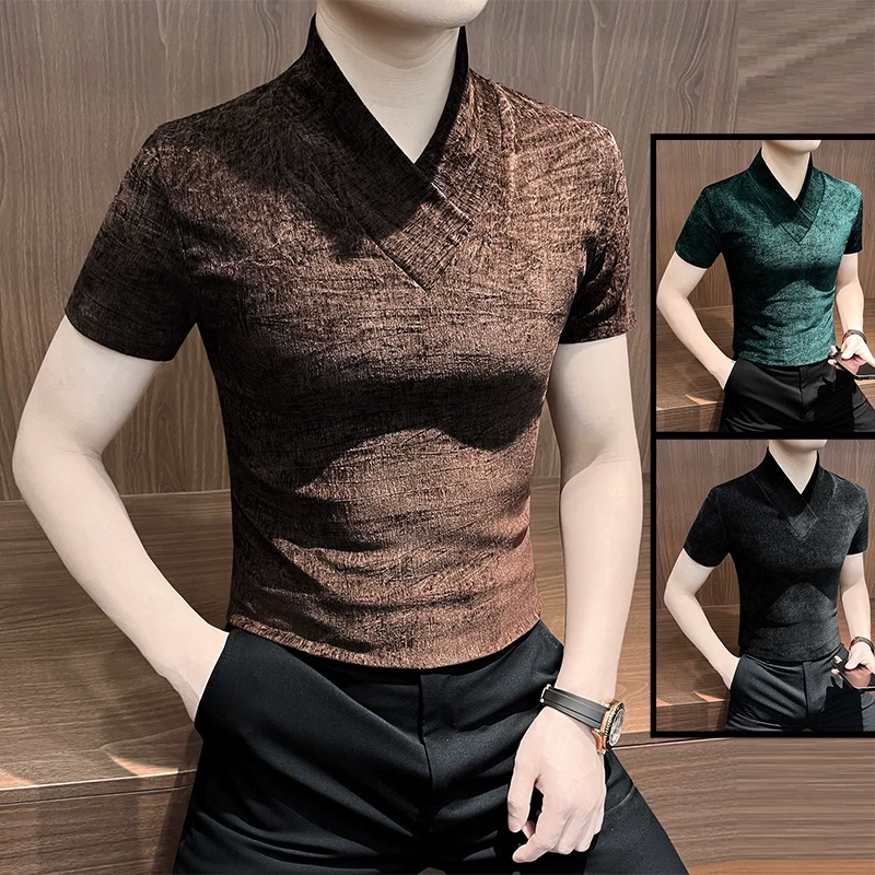 丝绒短袖t恤男夏季2025新款商务夏天高级感修身男士v领打底衫内搭