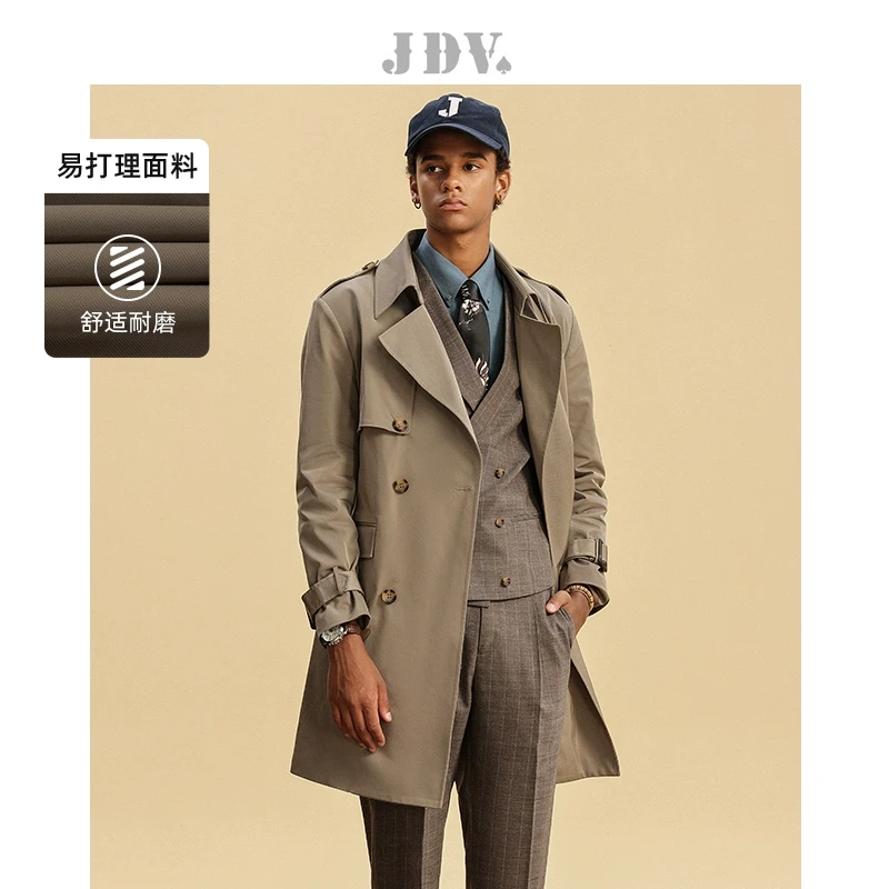 J.D.V2025春季商场同款浅咖色翻领双排扣男士风衣外套SCW4208