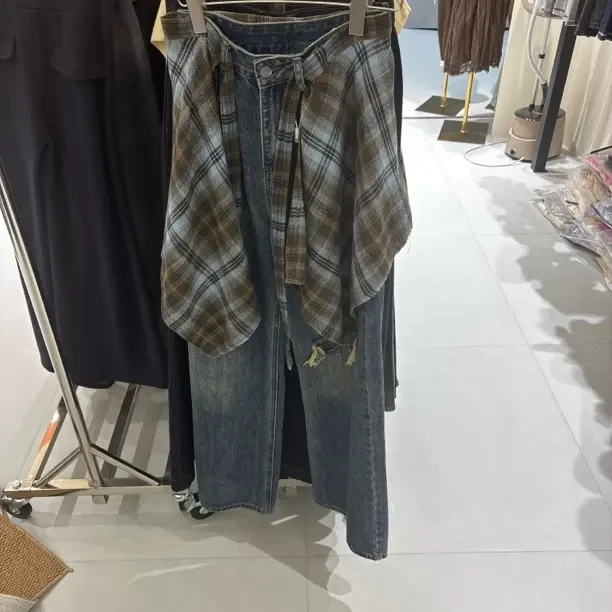 秋季高腰设计感可拆卸屁帘阔腿牛仔裤女