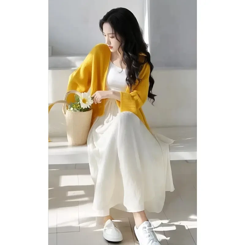 春季穿搭一整套减龄洋气时尚高级感韩系小香风黄色针织吊带套装裙