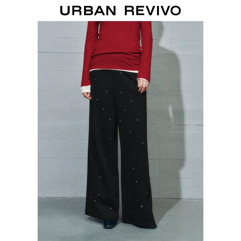 UR2025秋季新款女装潮流设计感烫钻饰松紧腰阔腿裤UWJ650003