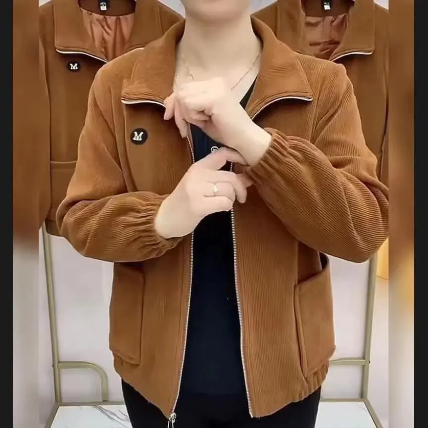 2025年春秋季新款妈妈灯芯绒外套女长袖大码宽松拉链衫纯色上衣