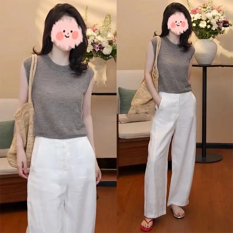 夏装搭配一整套女时髦洋气减龄圆领坎肩针织上衣高腰阔腿裤两件套