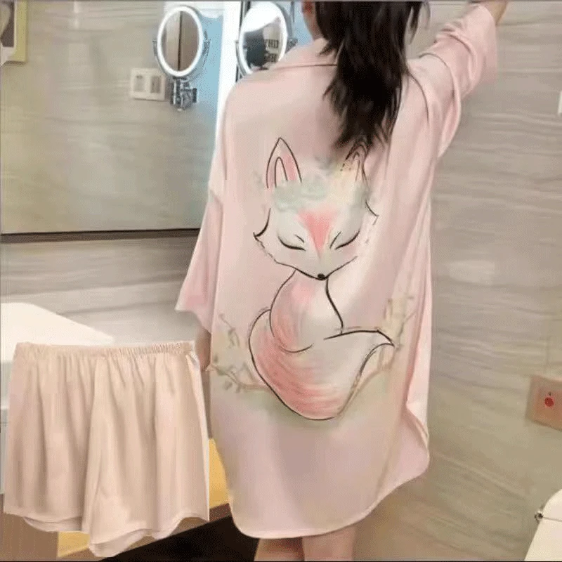 胖MM180斤冰丝睡裙女2025新款粉狸猫短袖可外穿衬衫裙家居服套装