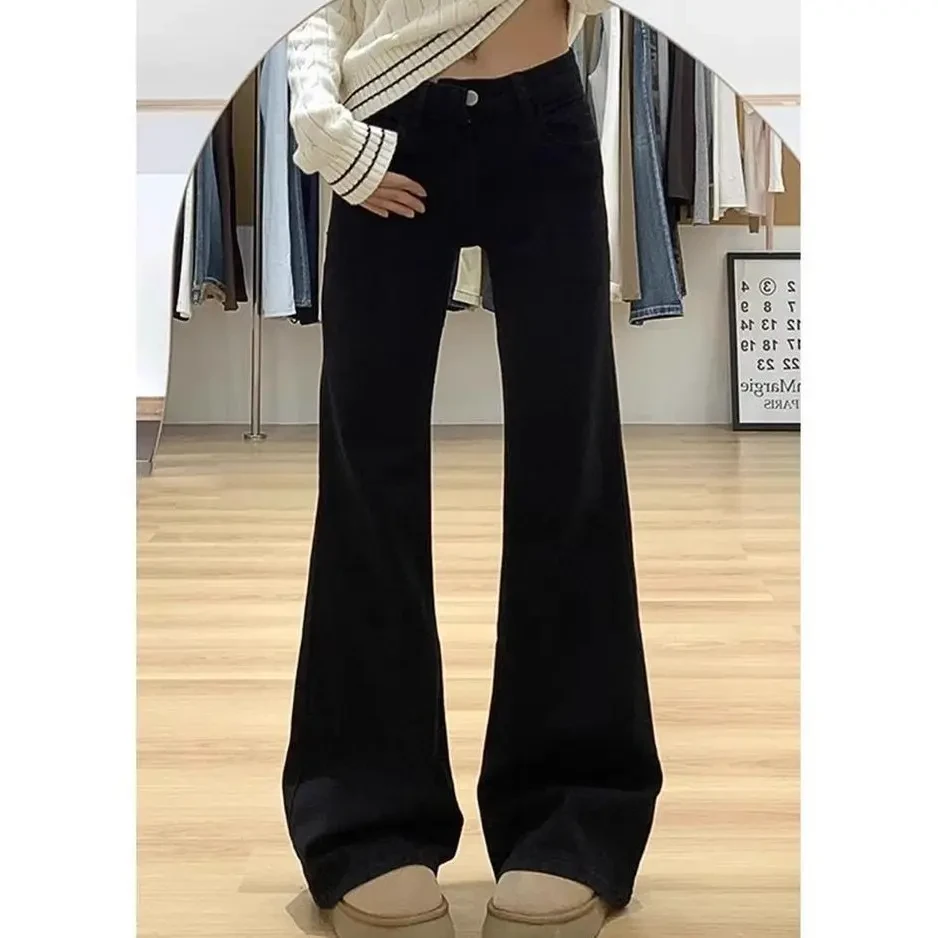 夏季显瘦牛仔裤夏季美式高腰裤子宽松春秋喇叭裤休闲小个子黑色