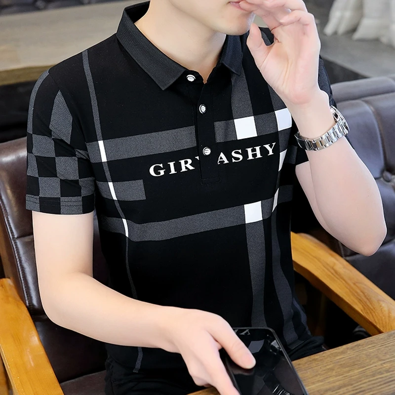 撞色格子polo衫男短袖t恤男士夏季上衣潮流高端纯女翻领半袖体恤