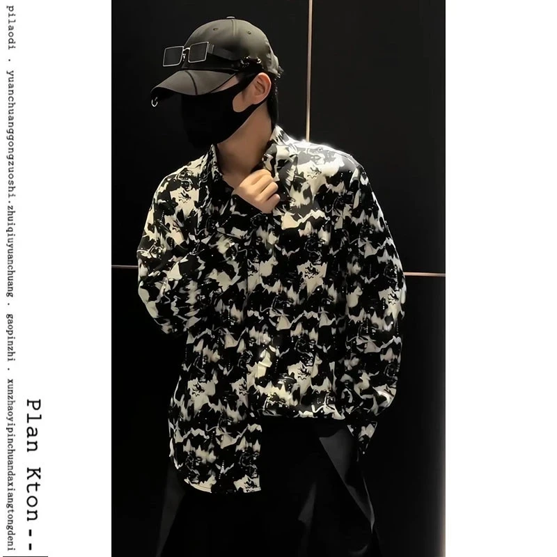 春夏季时尚痞帅防晒衬衫男扎染印花亮片钉休闲轻薄透气长袖t恤潮1