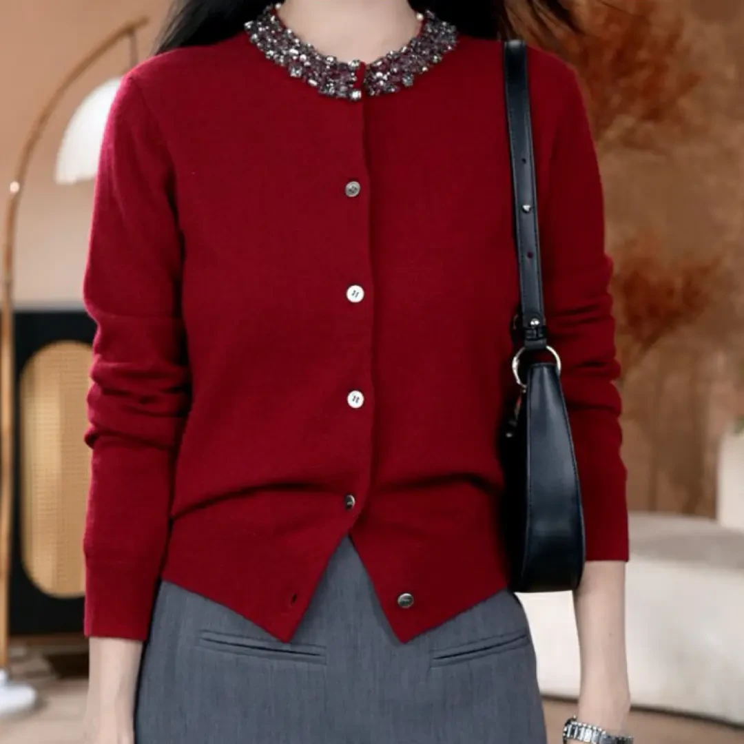 100美丽奴羊毛手工钉珠羊毛开衫女小香风秋冬加厚羊毛外套